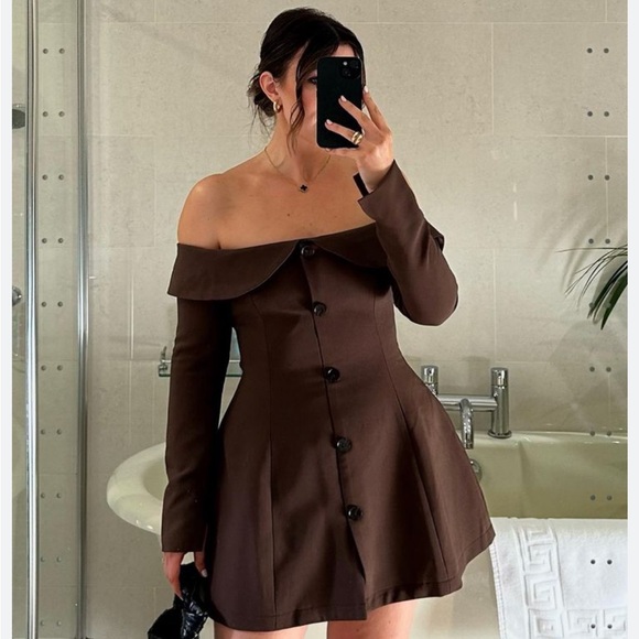 Odd Muse The Ultimate Muse Button Up off shoulder long sleeve Mini Dress Brown - Picture 9 of 9